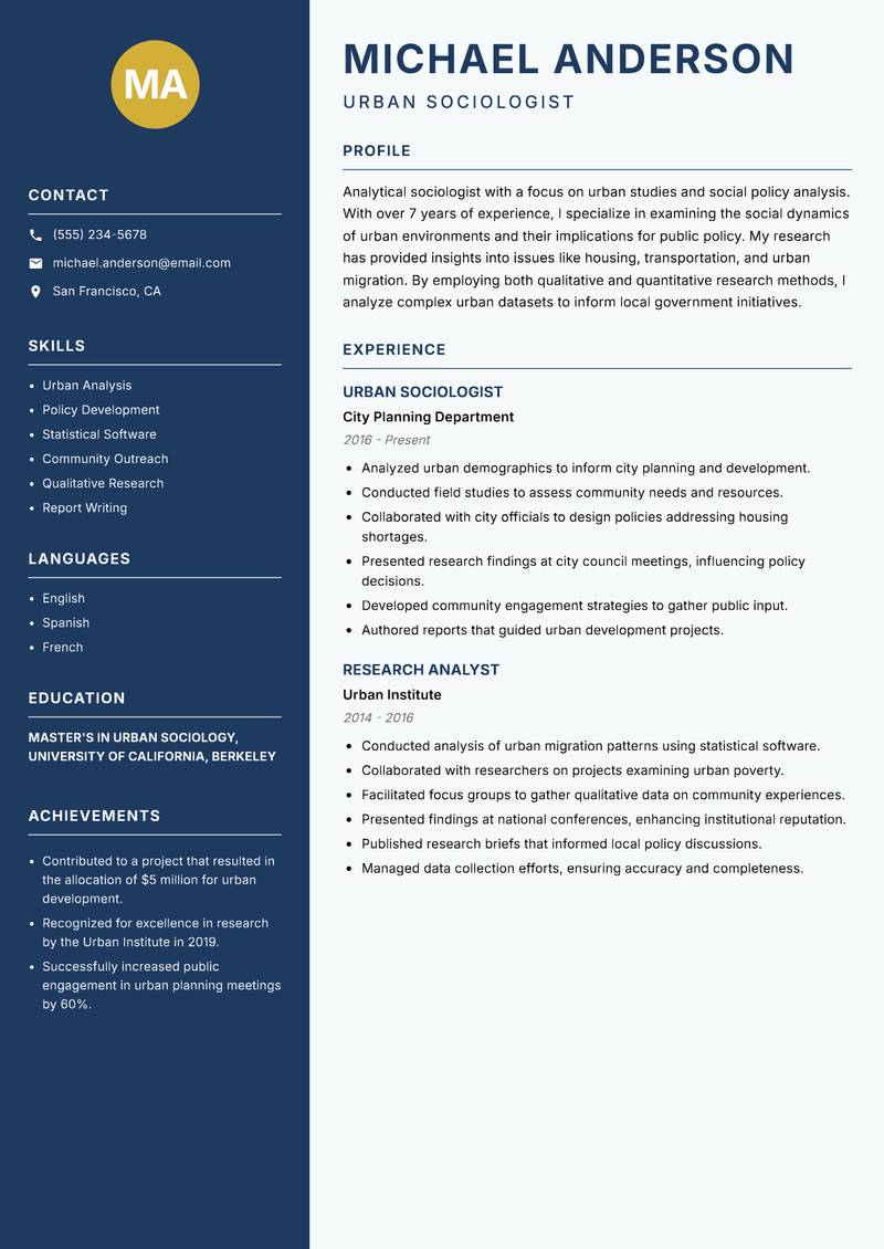 Sociologist Resume Preview Example