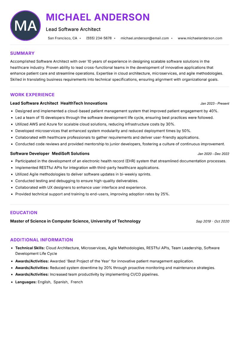 Software Architect Resume Preview Example