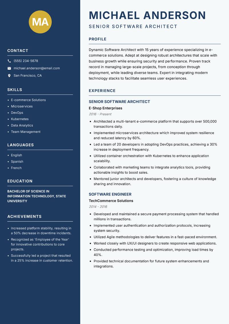 Software Architect Resume Preview Example