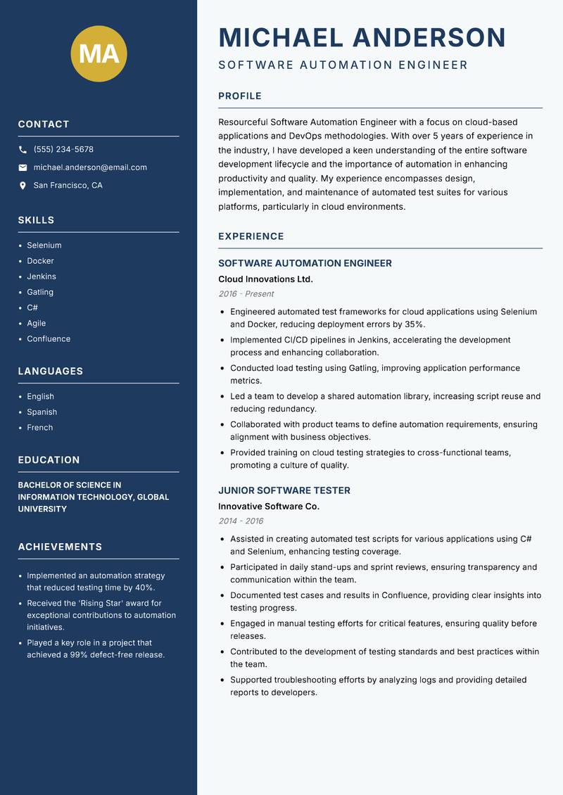 Software Automation Engineer Resume Preview Example