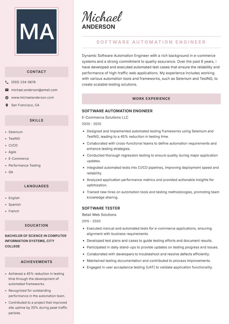 Software Automation Engineer Resume Preview Example