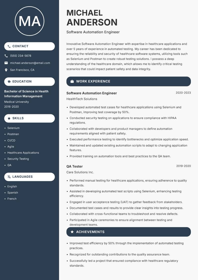 Software Automation Engineer Resume Preview Example