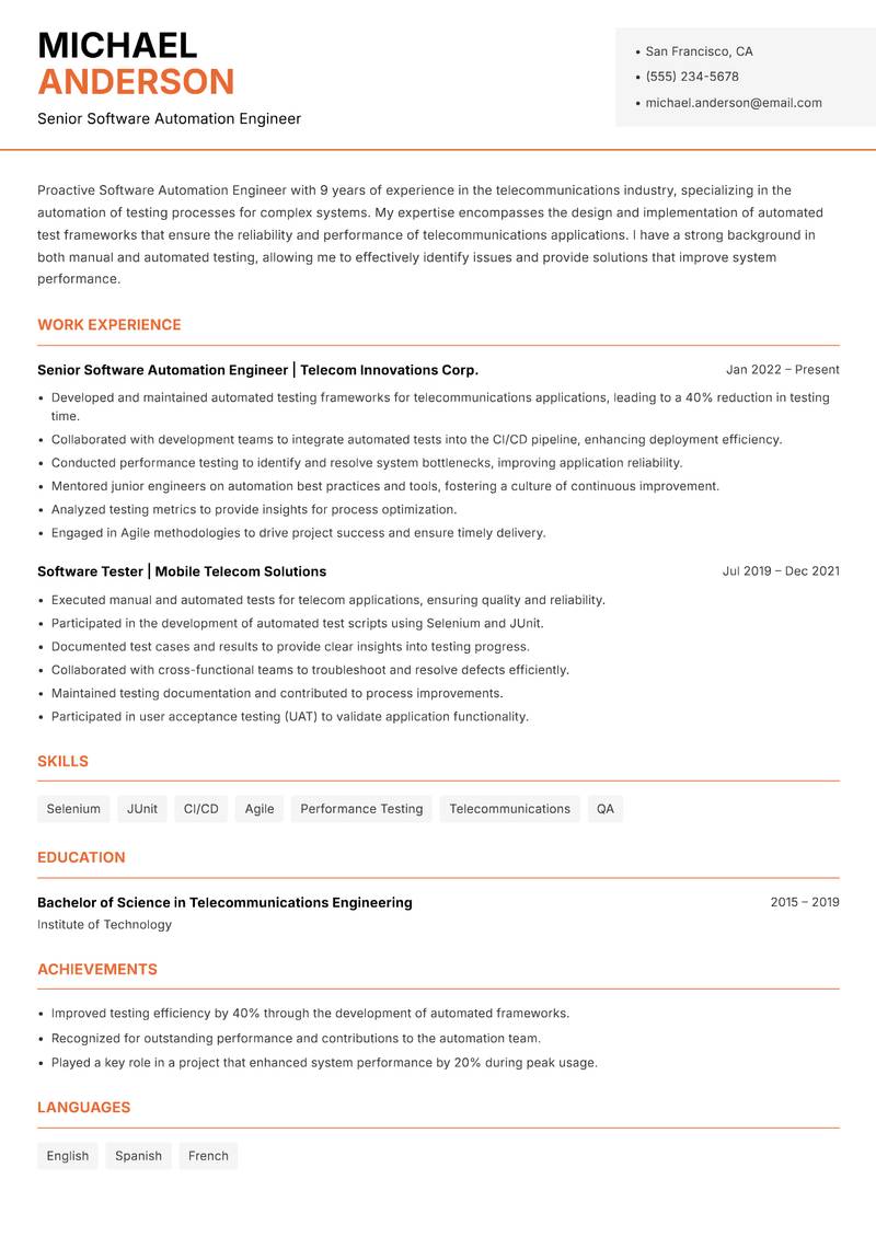 Software Automation Engineer Resume Template