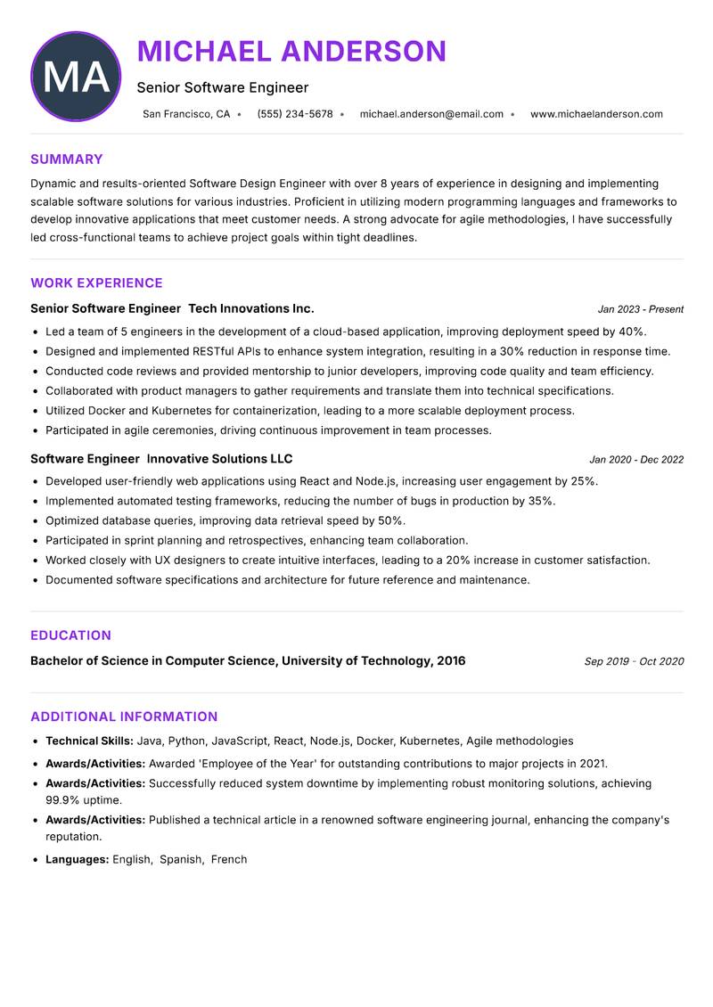Software Design Engineer Resume Preview Example