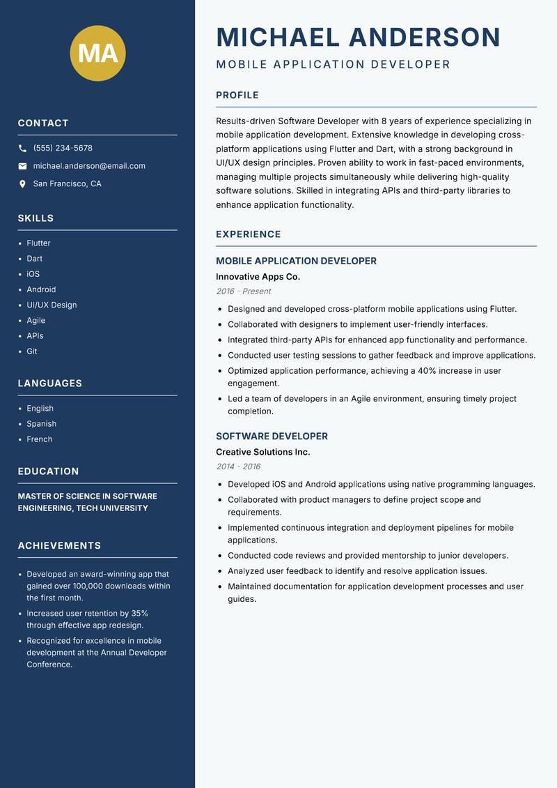 Software Developer Resume Preview Example