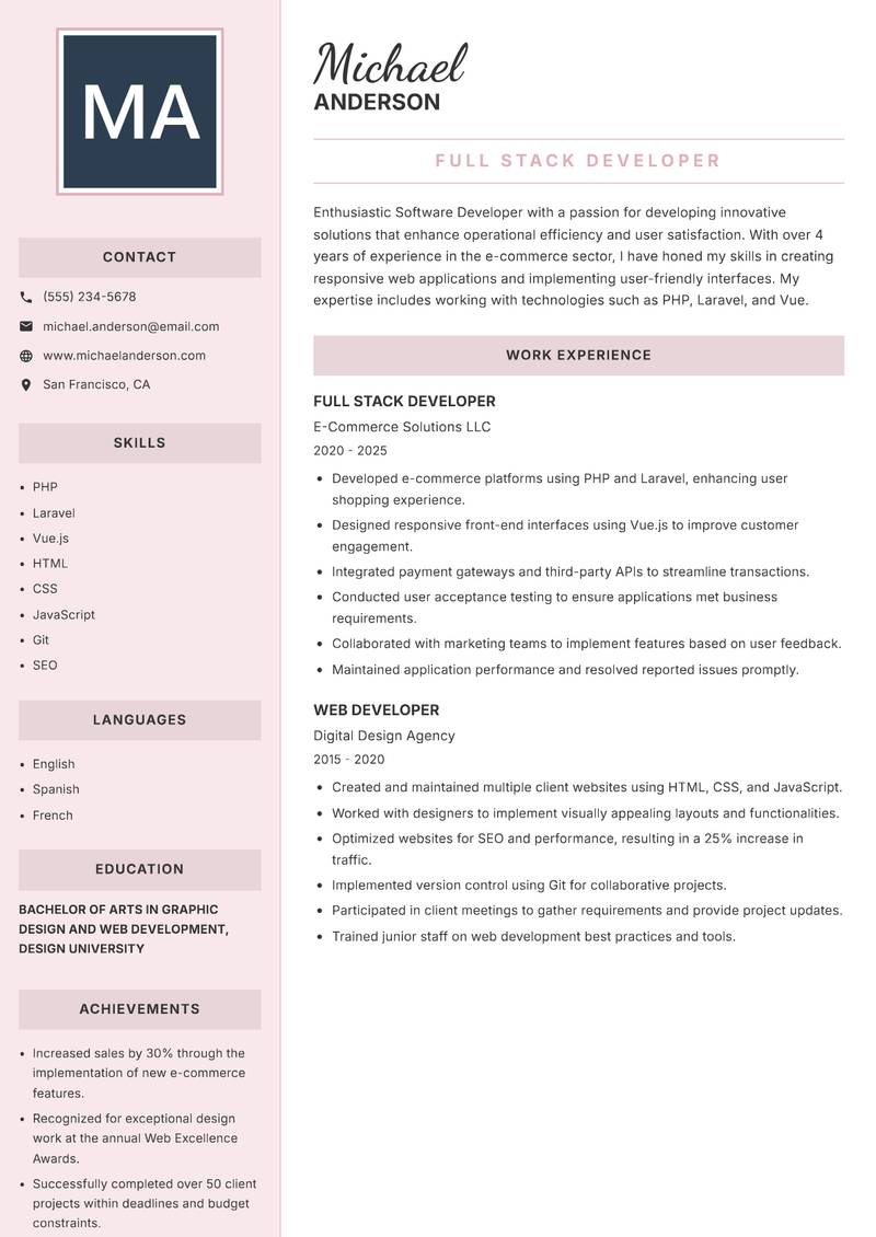 Software Developer Resume Preview Example
