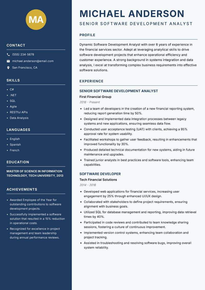 Software Development Analyst Resume Preview Example