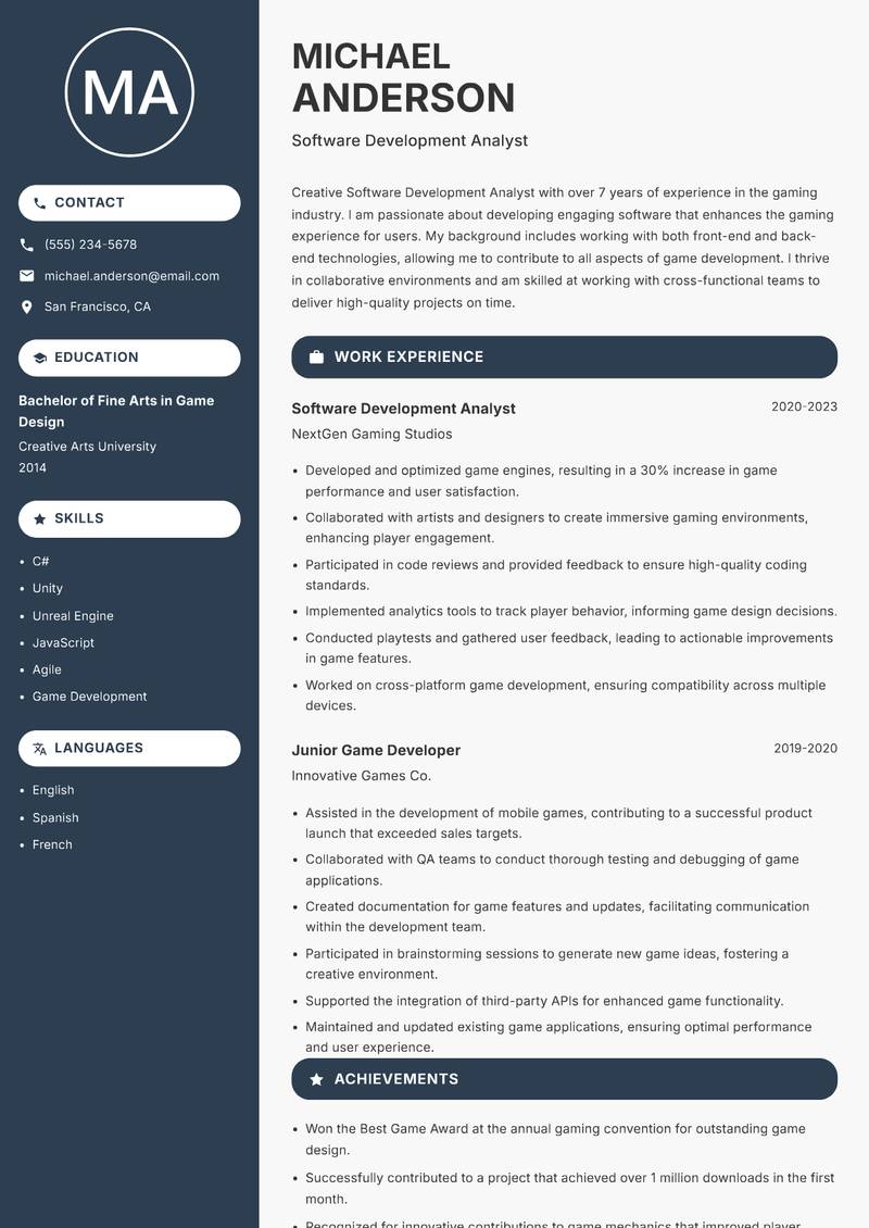 Software Development Analyst Resume Preview Example