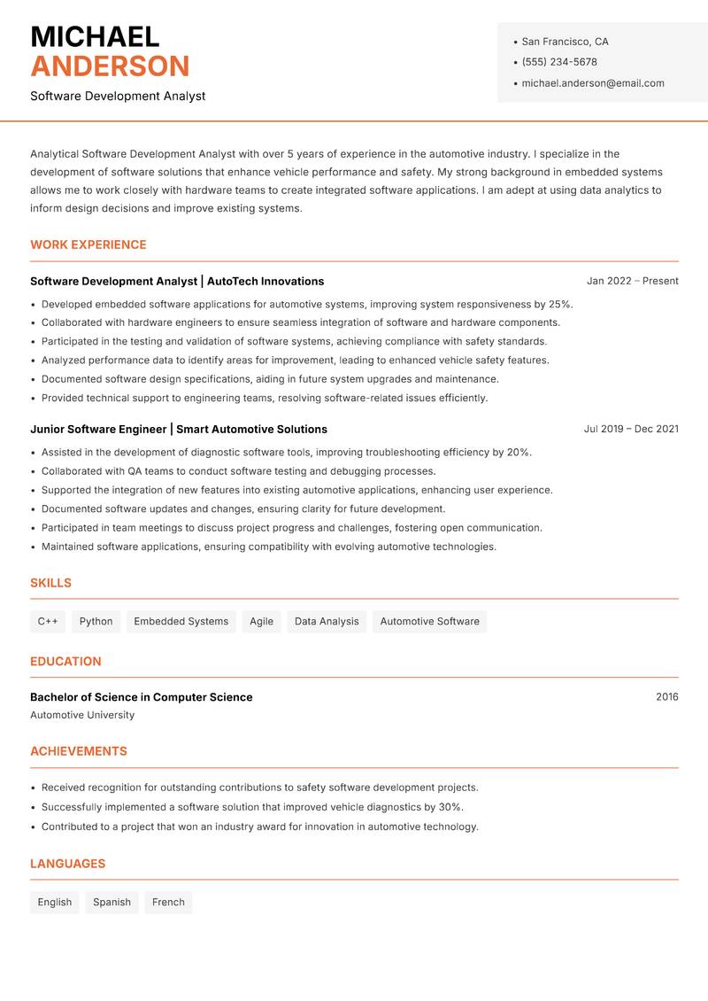 Software Development Analyst Resume Template