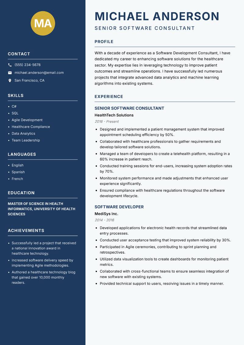 Software Development Consultant Resume Preview Example