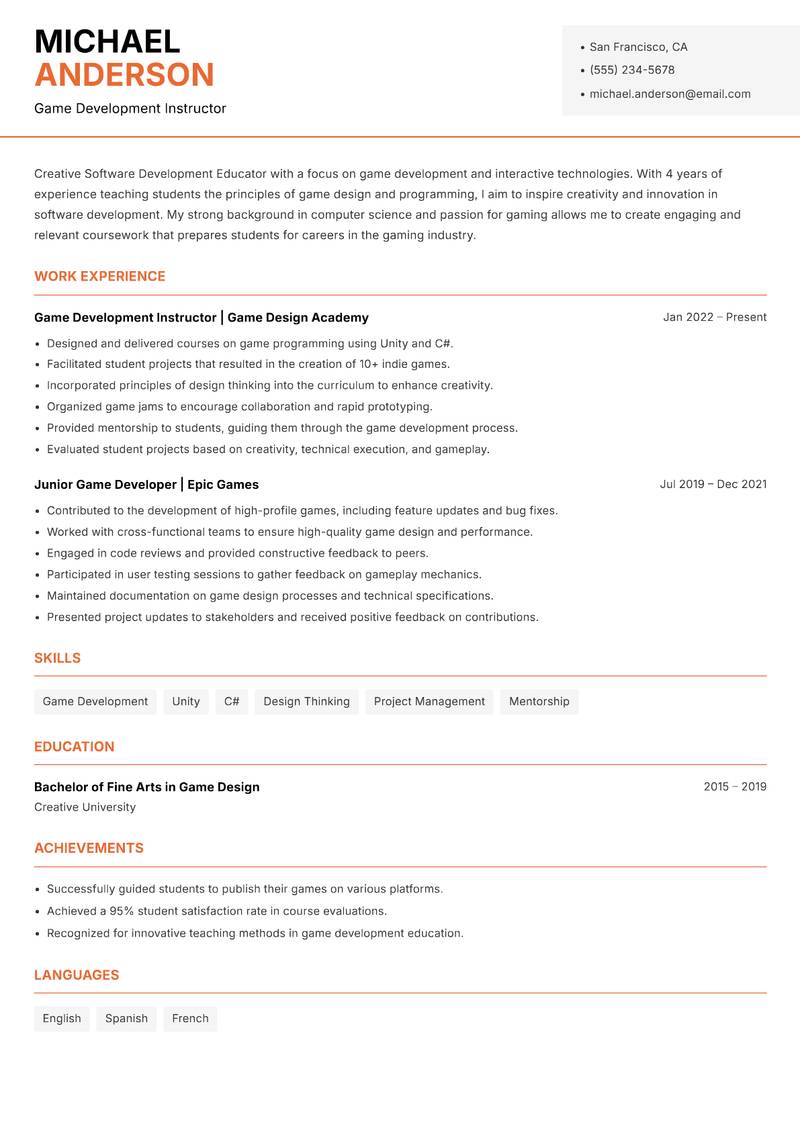 Software Development Educator Resume Template