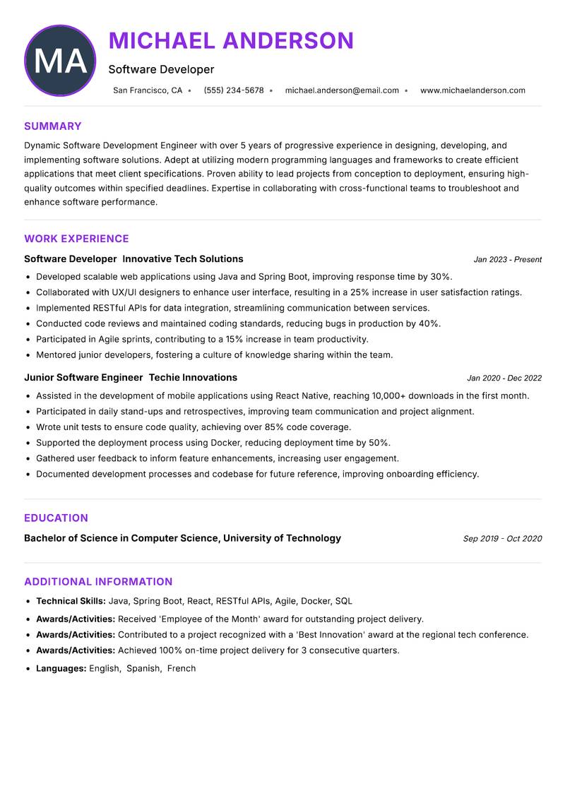 Software Development Engineer Resume Preview Example
