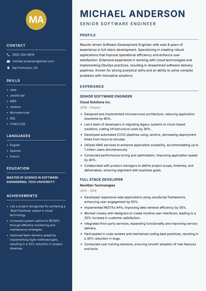 Software Development Engineer Resume Preview Example