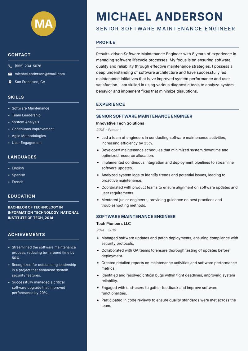 Software Maintenance Engineer Resume Preview Example