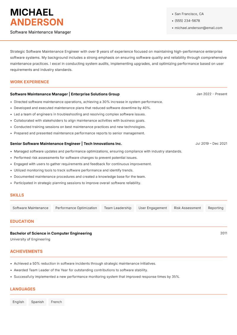 Software Maintenance Engineer Resume Template
