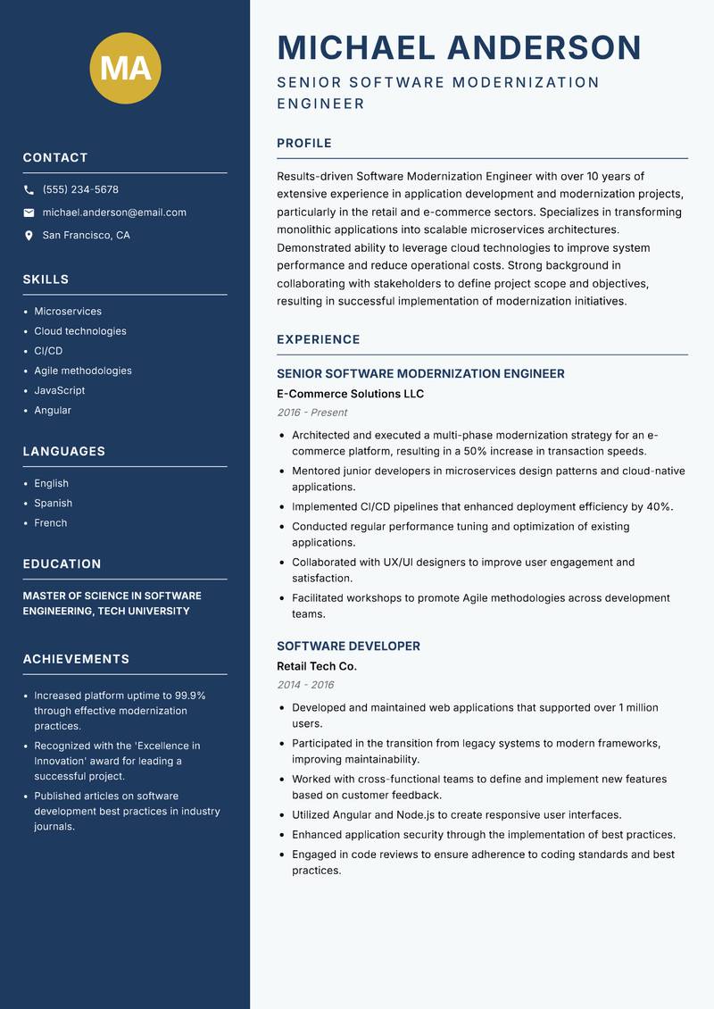 Software Modernization Engineer Resume Preview Example
