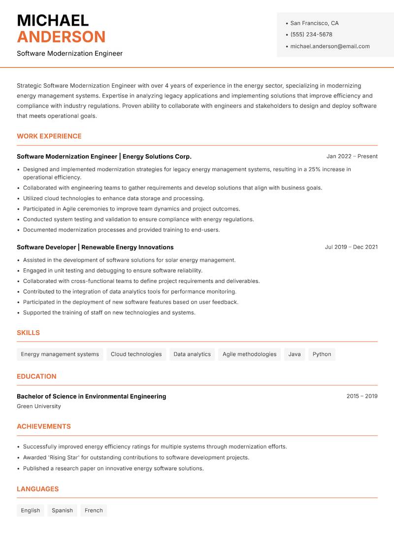 Software Modernization Engineer Resume Template