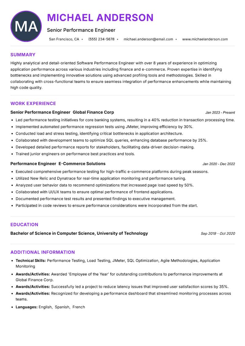 Software Performance Engineer Resume Preview Example