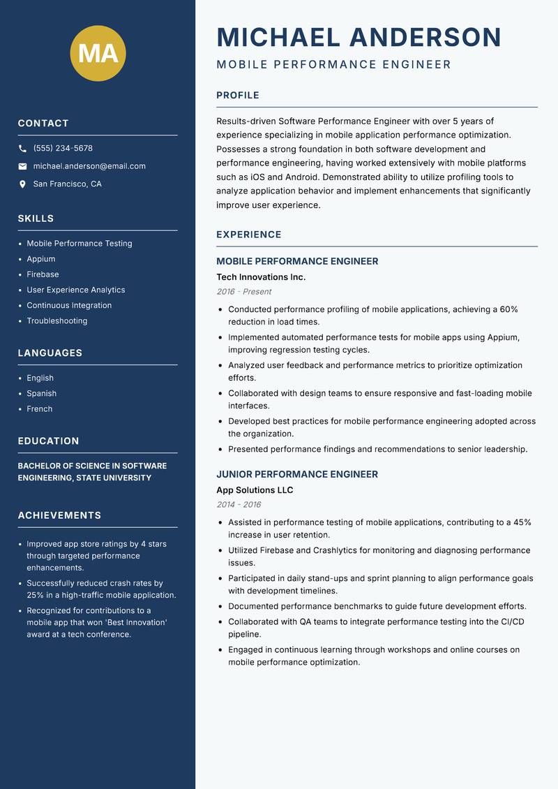 Software Performance Engineer Resume Preview Example