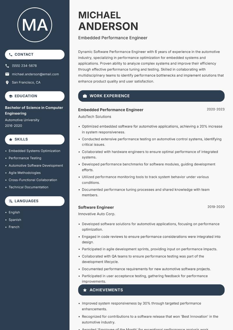 Software Performance Engineer Resume Preview Example