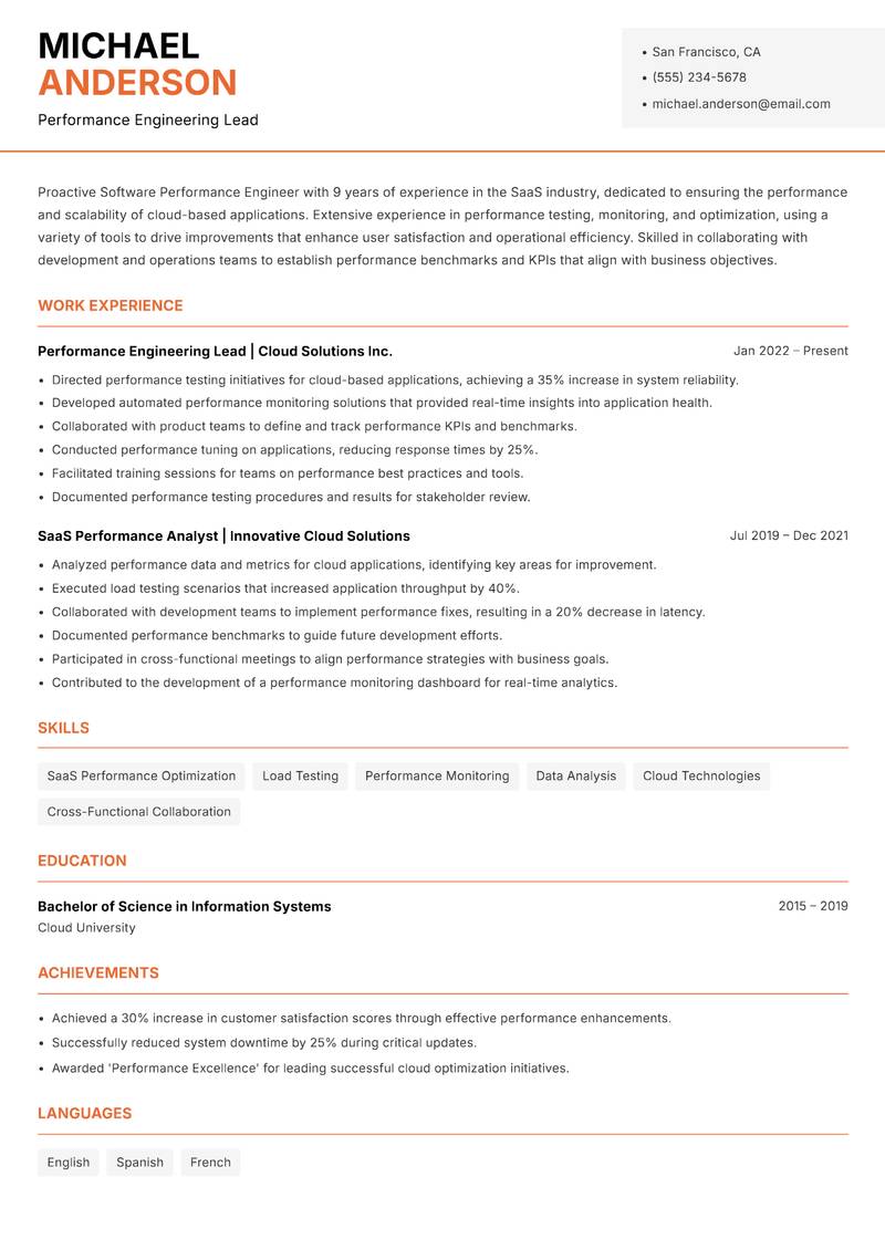 Software Performance Engineer Resume Template