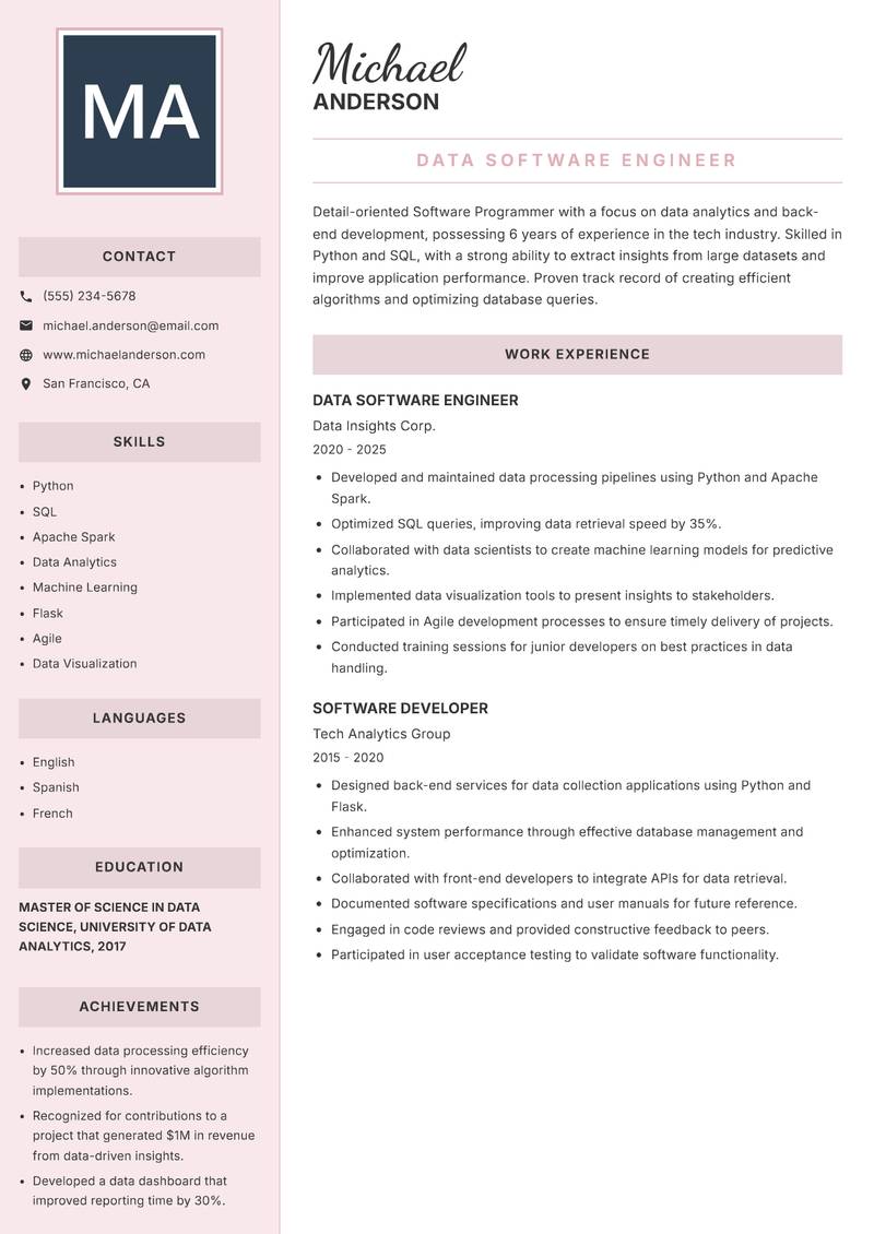 Software Programmer Resume Preview Example