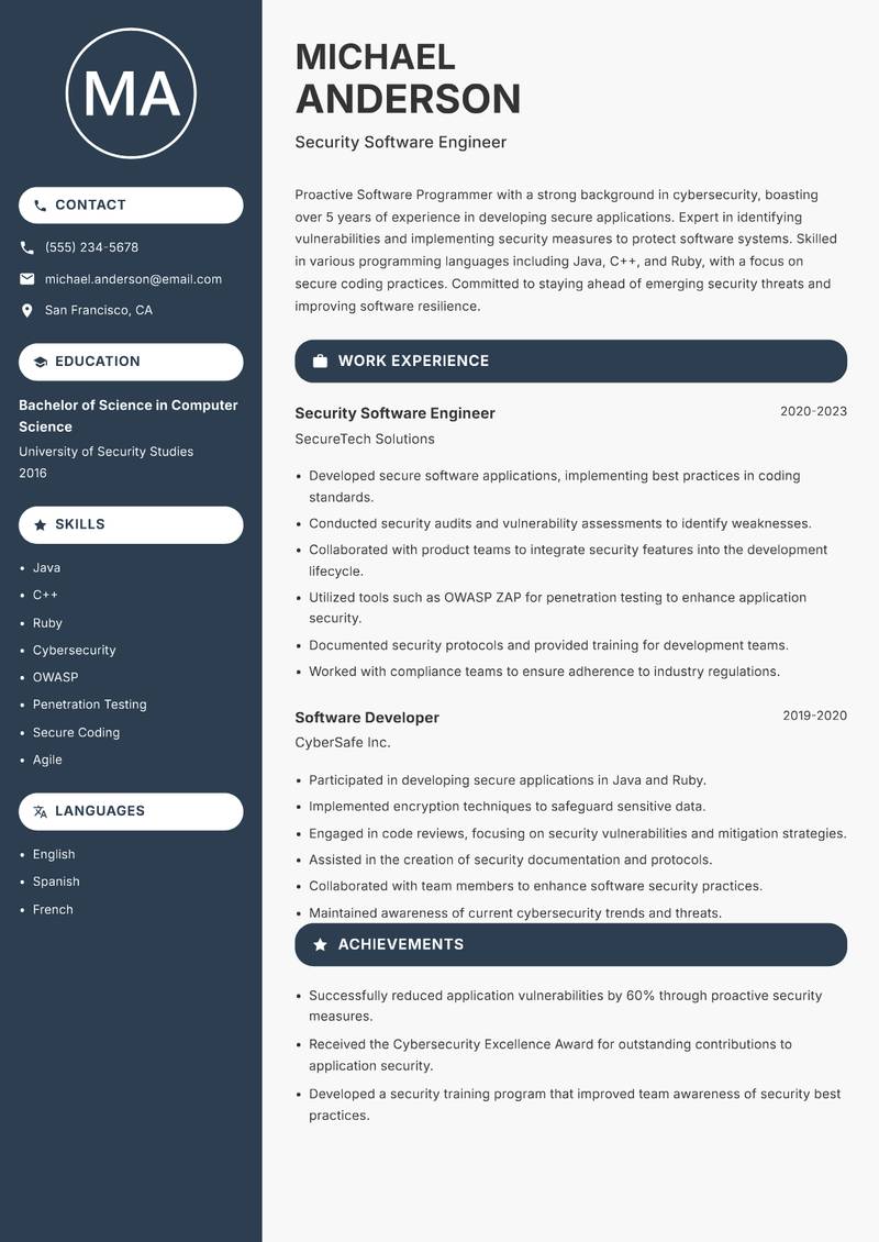 Software Programmer Resume Preview Example