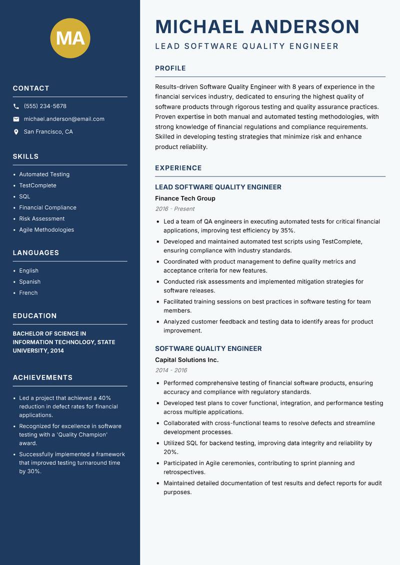 Software Quality Engineer Resume Preview Example