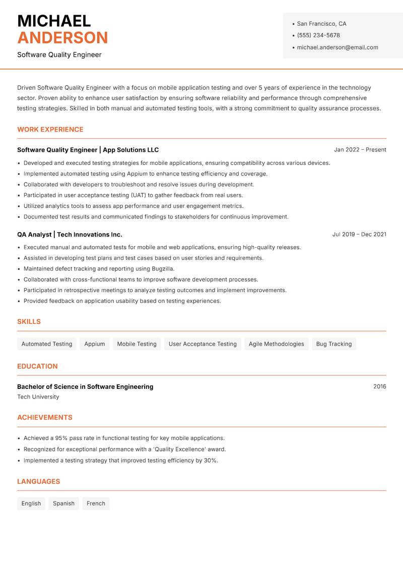 Software Quality Engineer Resume Template