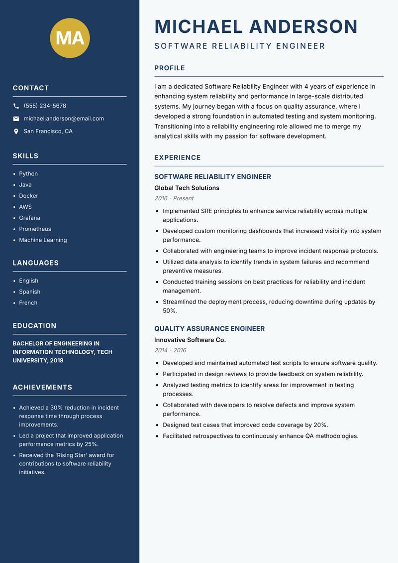 Software Reliability Engineer Resume Preview Example