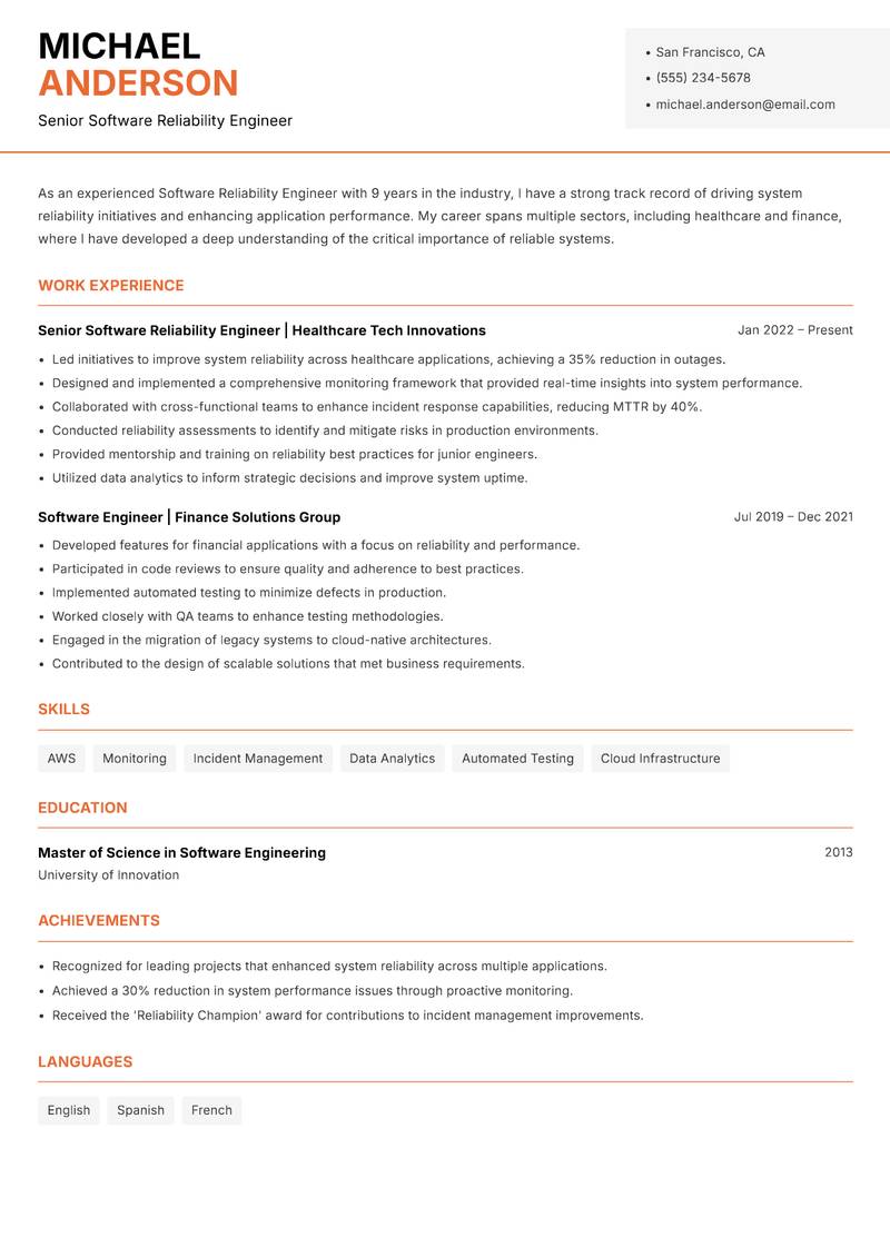 Software Reliability Engineer Resume Template
