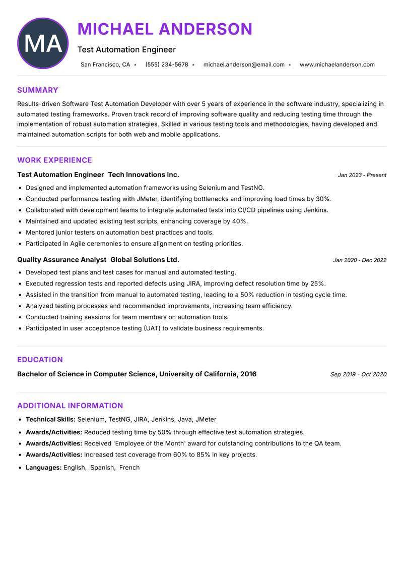 Software Test Automation Developer Resume Preview Example
