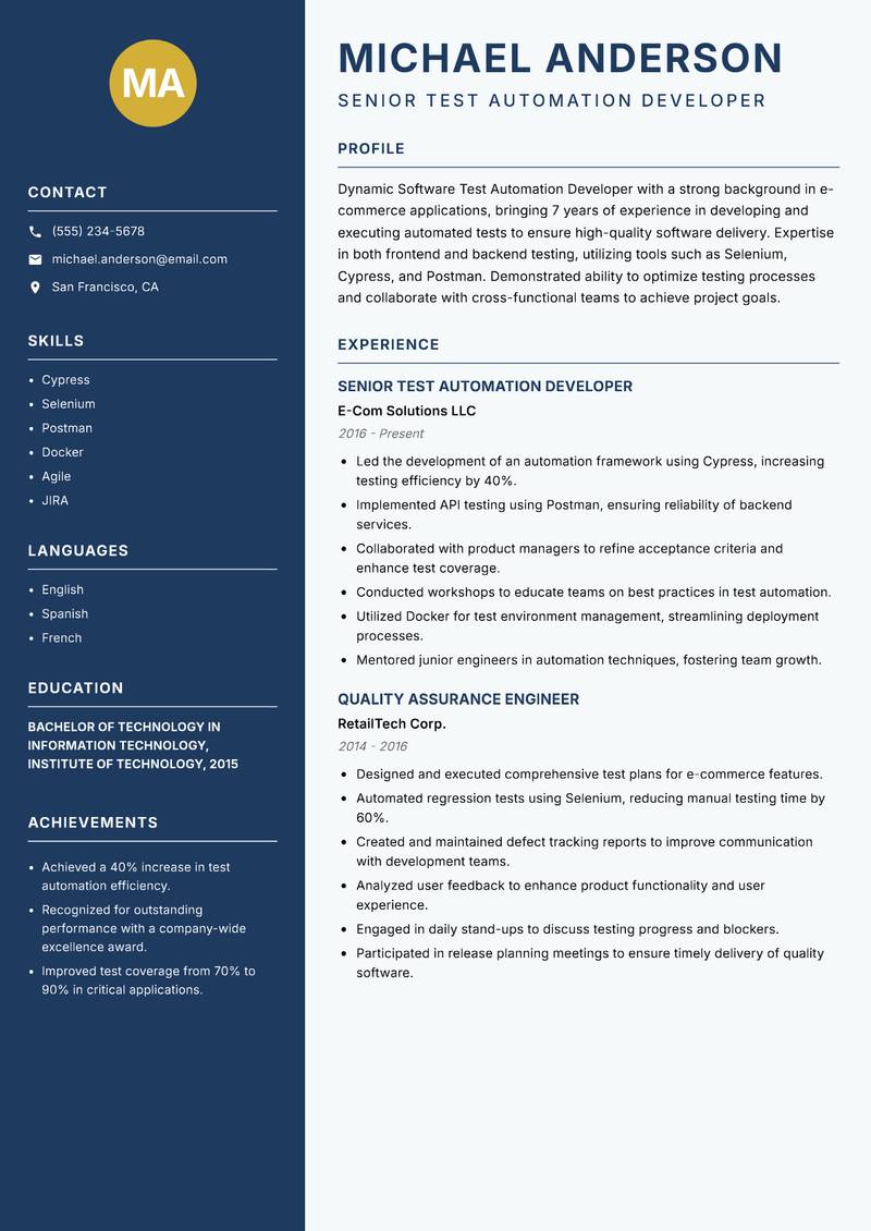 Software Test Automation Developer Resume Preview Example