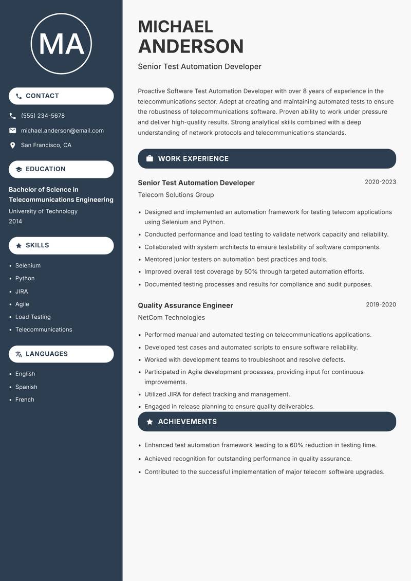 Software Test Automation Developer Resume Preview Example