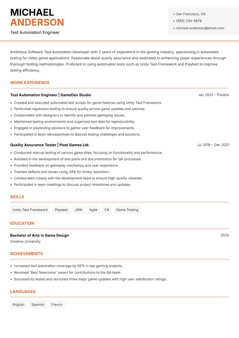 Software Test Automation Developer Resume Template