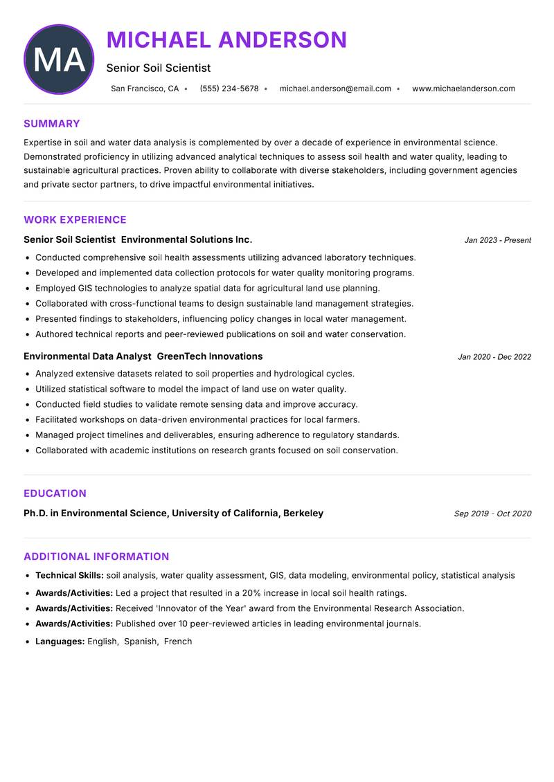 Soil and Water Data Analyst Resume Preview Example