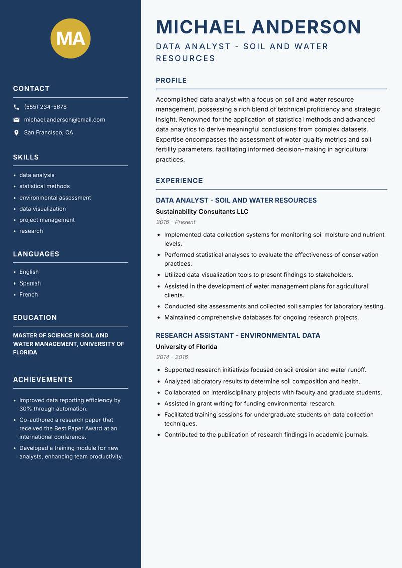 Soil and Water Data Analyst Resume Preview Example