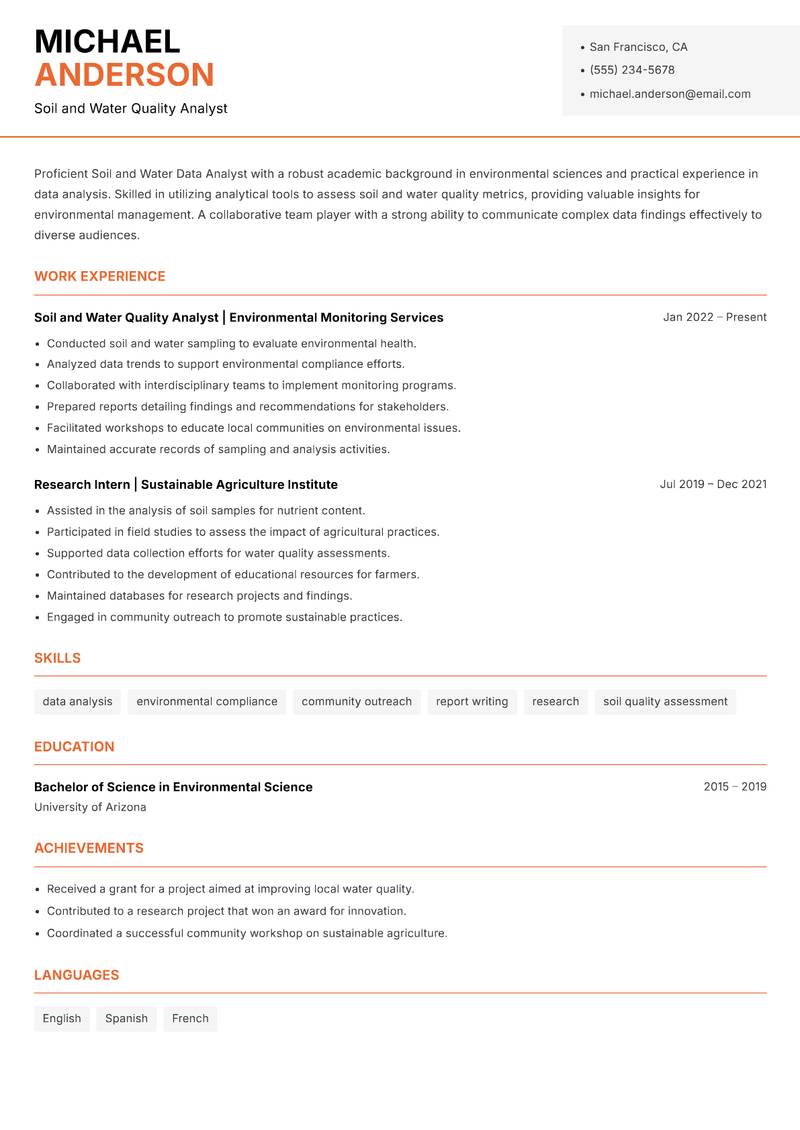 Soil and Water Data Analyst Resume Template