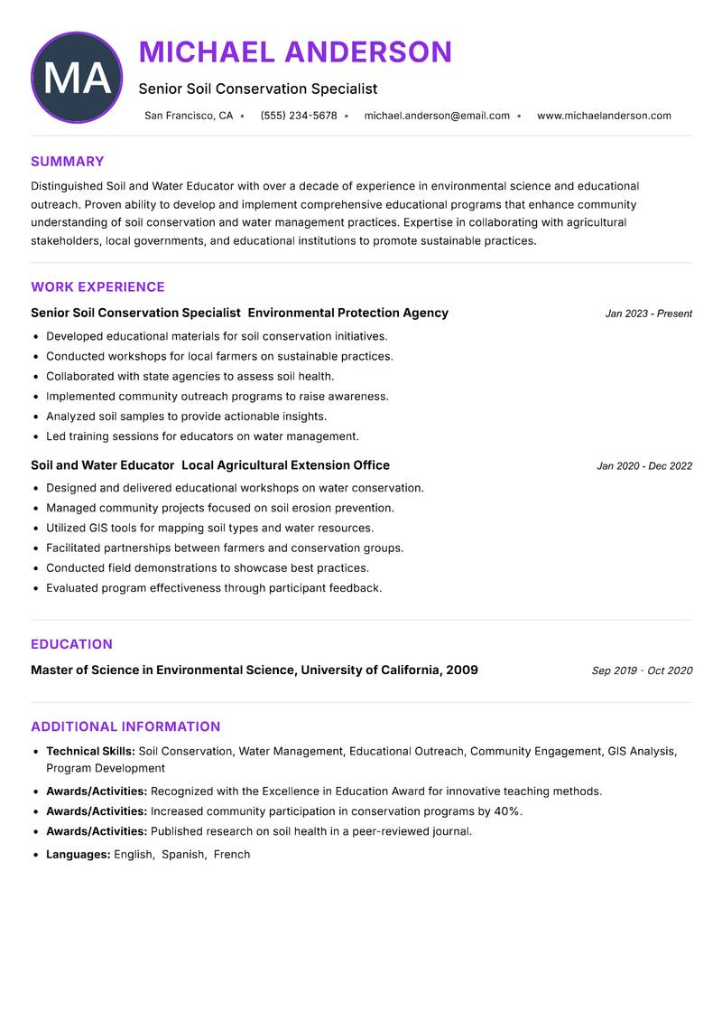 Soil and Water Educator Resume Preview Example