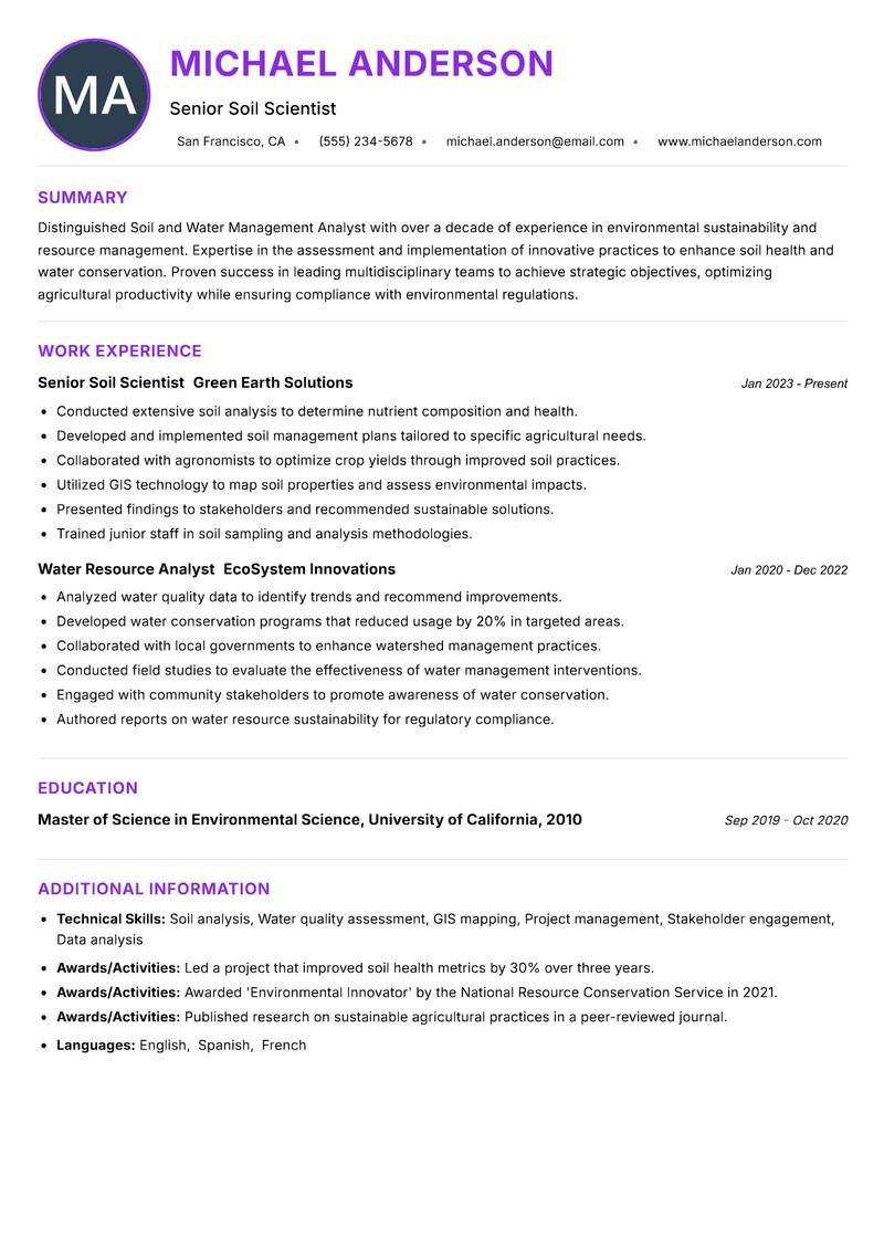 Soil and Water Management Analyst Resume Preview Example