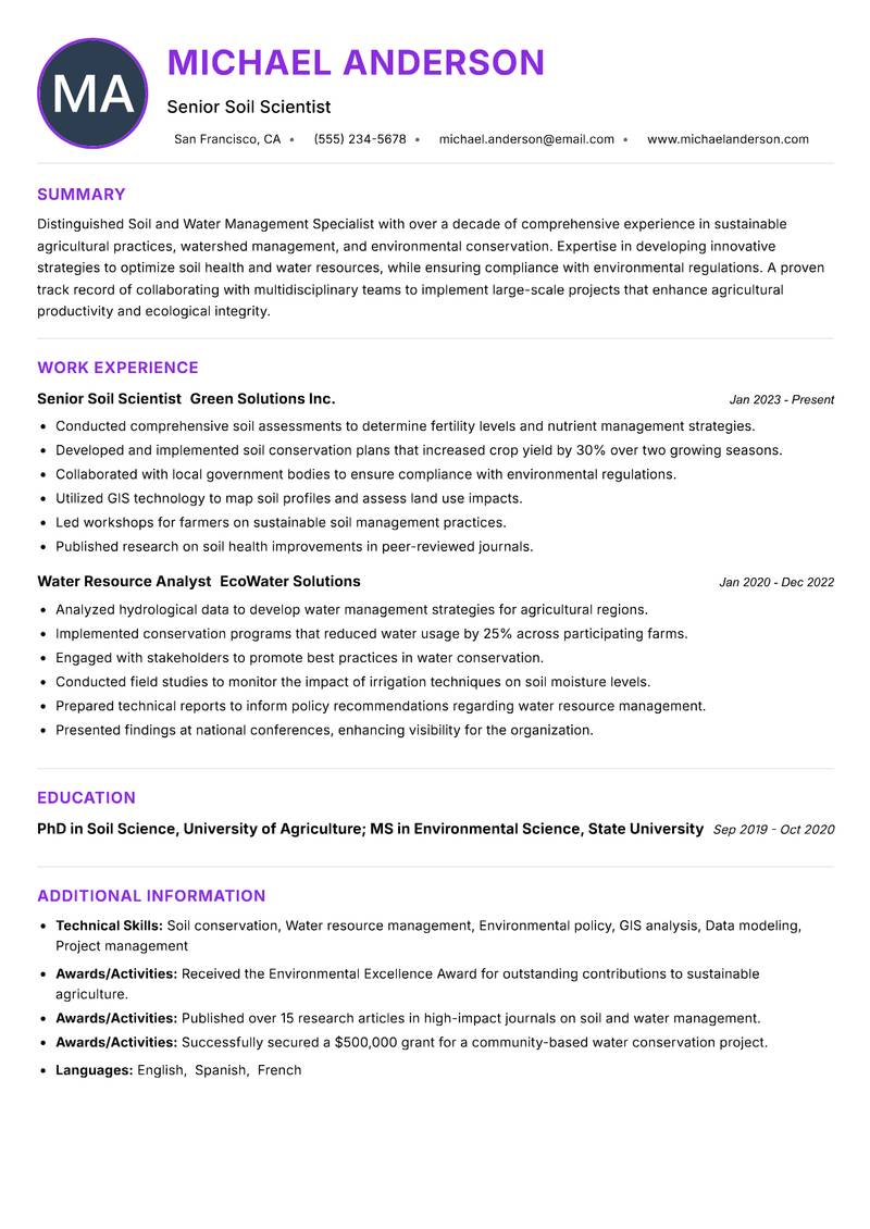 Soil and Water Management Specialist Resume Preview Example