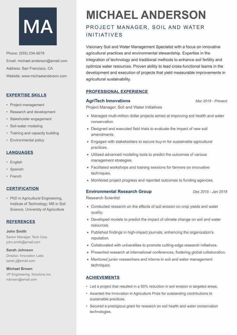 Soil and Water Management Specialist Resume Preview Example