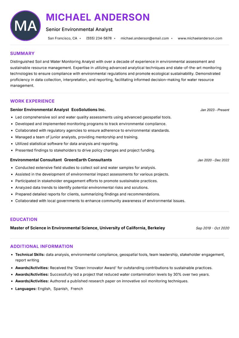 Soil and Water Monitoring Analyst Resume Preview Example