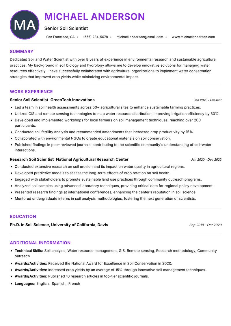 Soil and Water Scientist Resume Preview Example