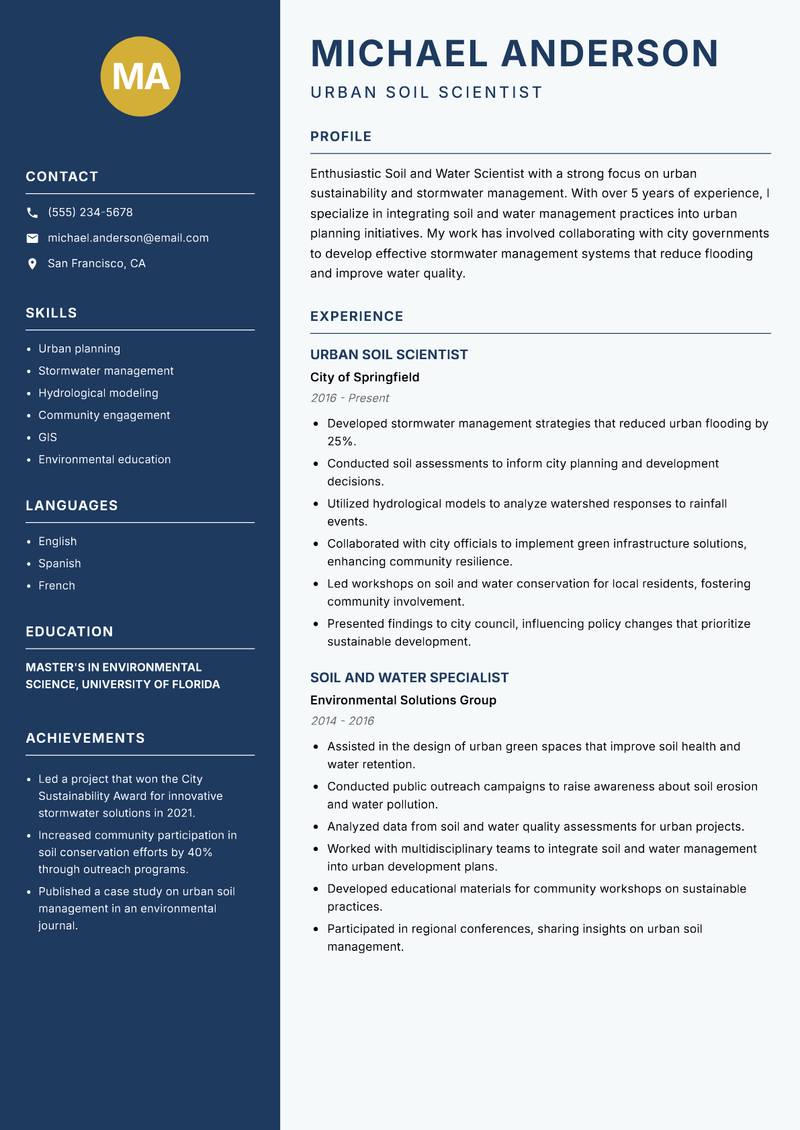 Soil and Water Scientist Resume Preview Example