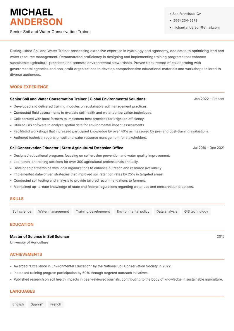 Soil and Water Trainer Resume Template