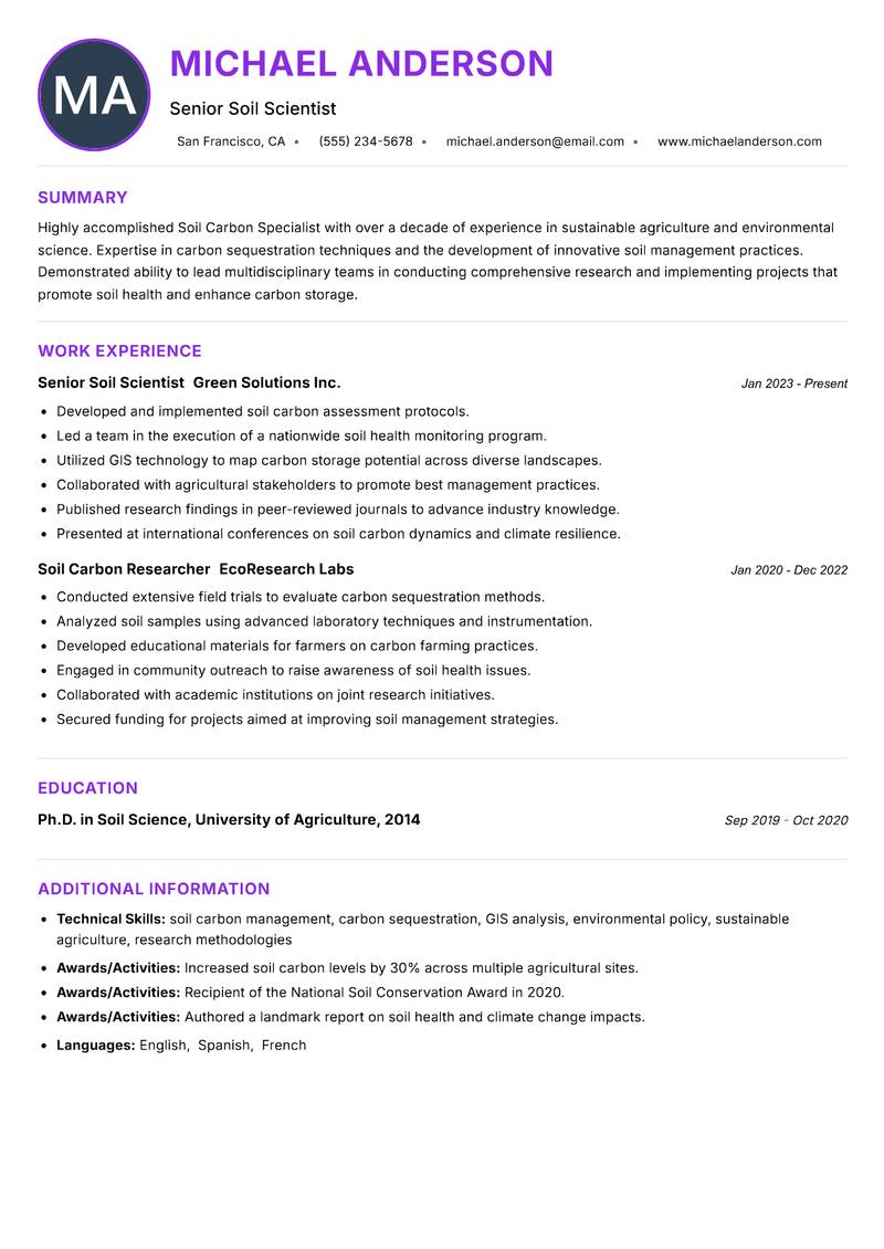 Soil Carbon Specialist Resume Preview Example