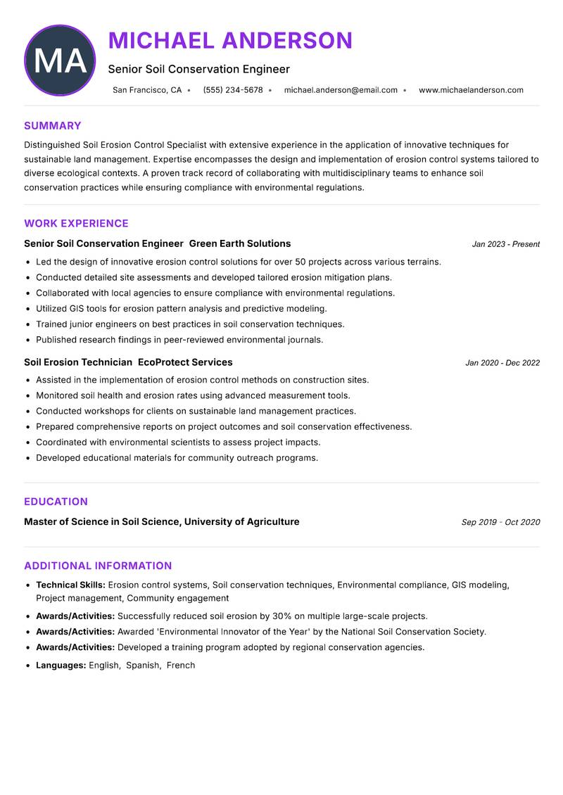 Soil Erosion Control Specialist Resume Preview Example