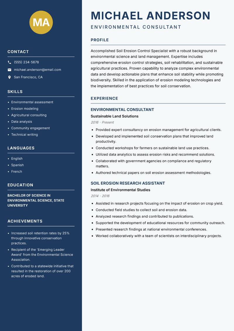 Soil Erosion Control Specialist Resume Preview Example