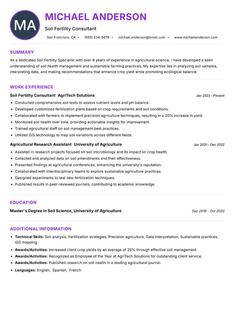 Soil Fertility Specialist Resume Preview Example